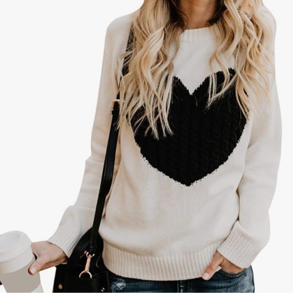 Women’s Crewneck Ribbed Heart Sweater, Cream, Size S
